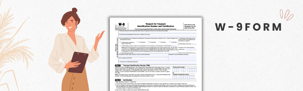 A first page of federal form W-9 for print and the image of the woman